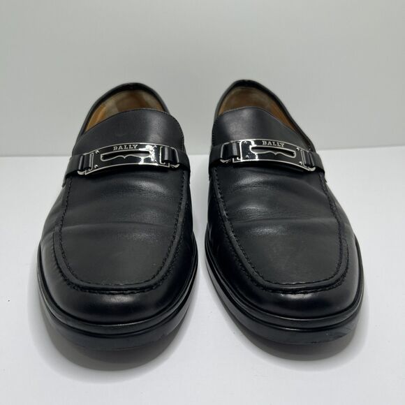 BALLY Black Leather Loafers Dress Shoes Silver Buckle Logo Men’s Size 8 D RARE main image 6